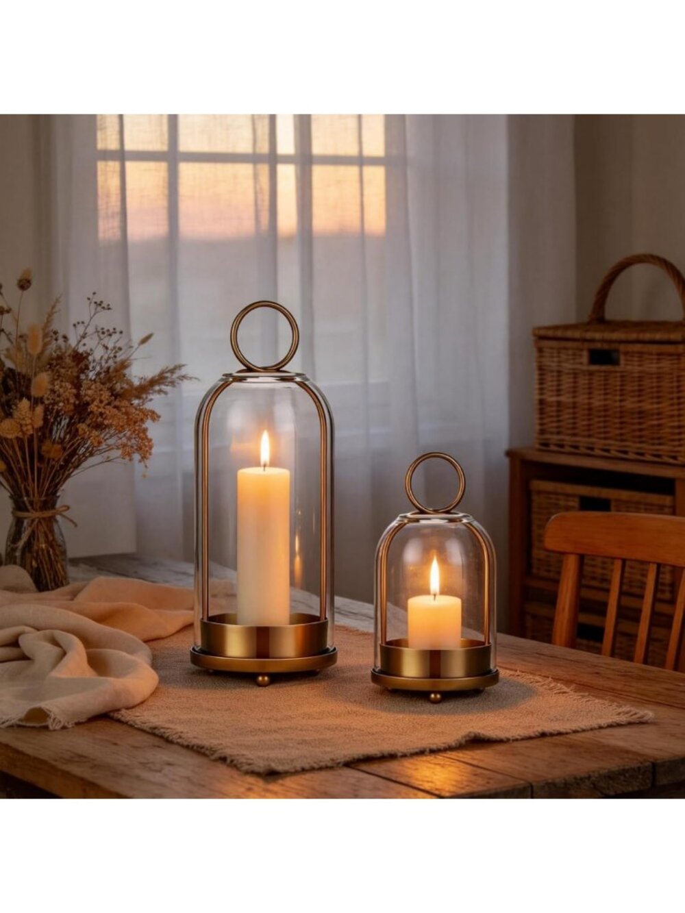 Elegant Brass Candle Holders with Glass Domes - Set of 2 Hurricane Lanterns